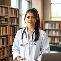 A female medical student in a university setting, wearing a white lab coat and holding a stethoscope