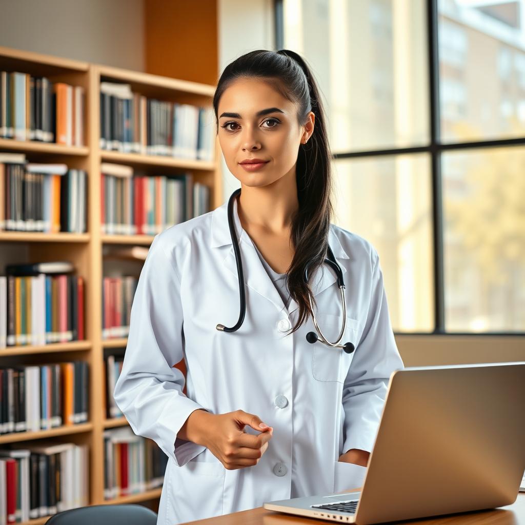 A female medical student in a university setting, wearing a white lab coat and holding a stethoscope