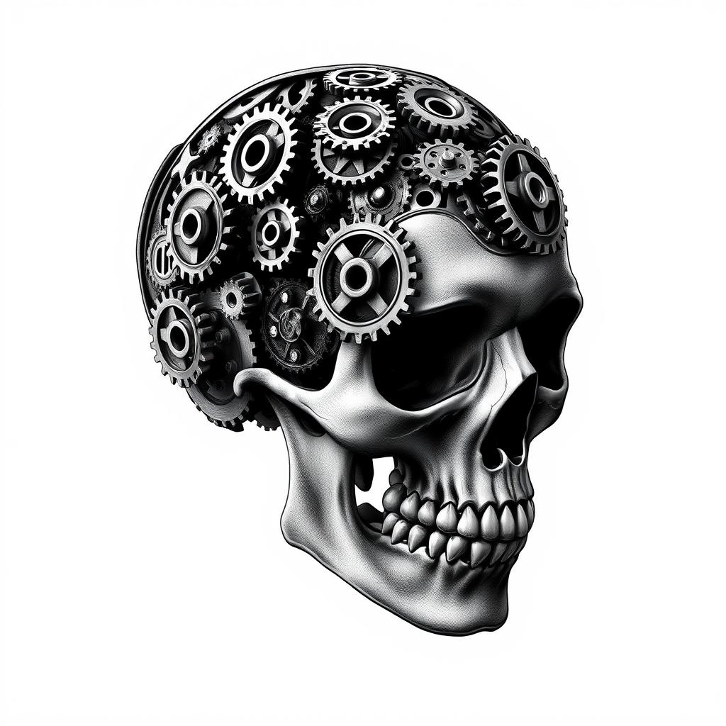 A human skull intricately designed with various gears and mechanical components, presented in a striking black and white color scheme