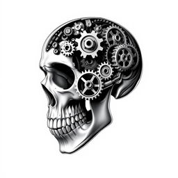 A human skull intricately designed with various gears and mechanical components, presented in a striking black and white color scheme