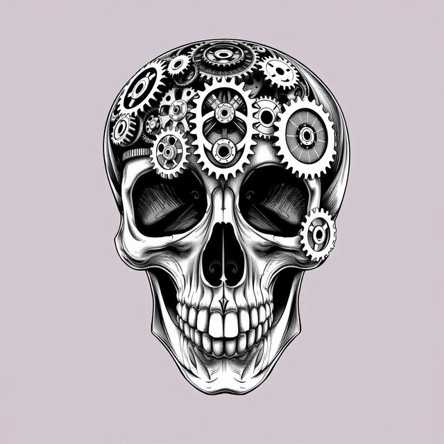 A human skull intricately designed with various gears and mechanical components, presented in a striking black and white color scheme