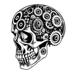 A human skull intricately designed with various gears and mechanical components, presented in a striking black and white color scheme