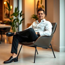 A person sitting comfortably on a stylish chair, wearing black pants and a crisp white shirt
