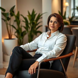 A person sitting comfortably on a stylish chair, wearing black pants and a crisp white shirt
