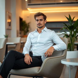 A person sitting comfortably on a stylish chair, wearing black pants and a crisp white shirt