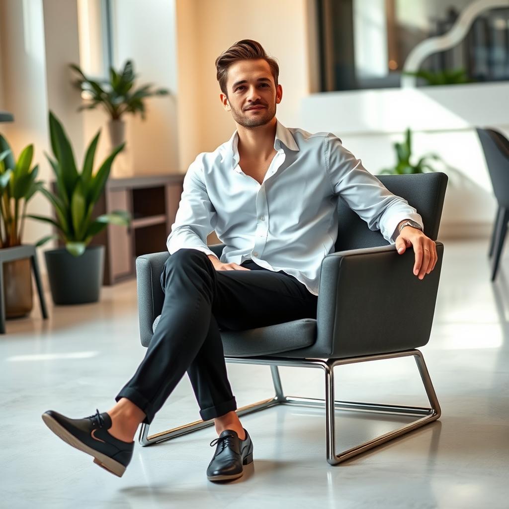 A person sitting comfortably on a stylish chair, wearing black pants and a crisp white shirt