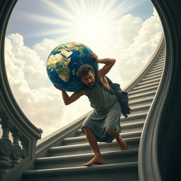 A weary man with a look of determination, struggling as he carries a large globe representing Earth on his back