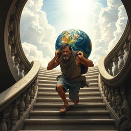A weary man with a look of determination, struggling as he carries a large globe representing Earth on his back