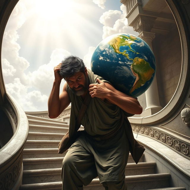 A weary man with a look of determination, struggling as he carries a large globe representing Earth on his back