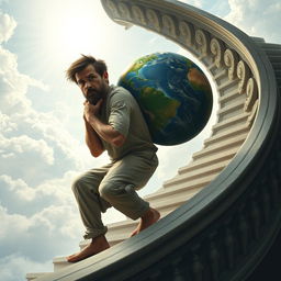 A weary man with a look of determination, struggling as he carries a large globe representing Earth on his back