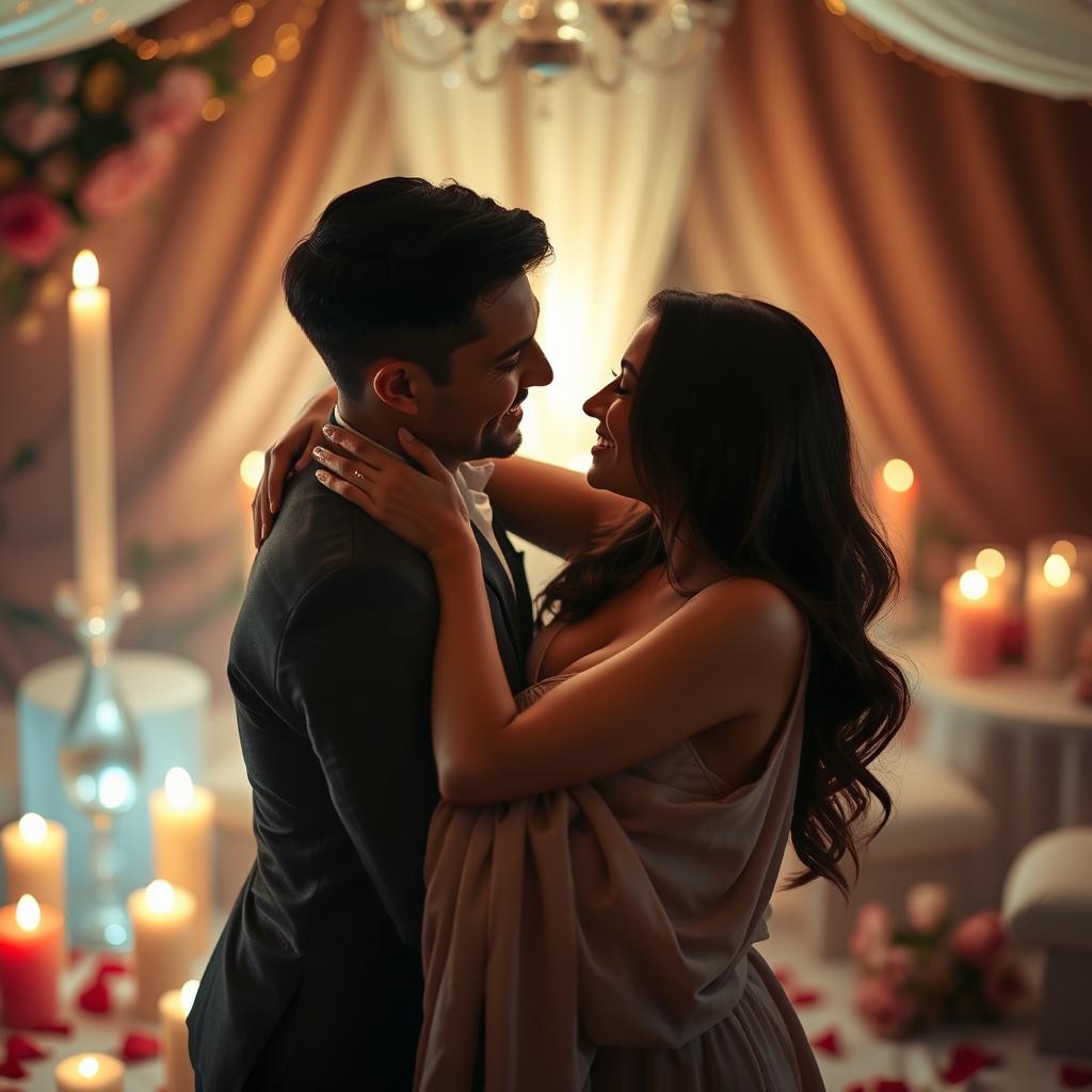 A romantic and intimate atmosphere, softly lit with warm candlelight, featuring a sensuous couple embracing passionately, their faces close together with dreamy expressions