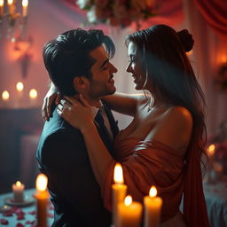 A romantic and intimate atmosphere, softly lit with warm candlelight, featuring a sensuous couple embracing passionately, their faces close together with dreamy expressions