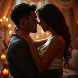 A romantic and intimate atmosphere, softly lit with warm candlelight, featuring a sensuous couple embracing passionately, their faces close together with dreamy expressions