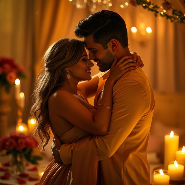 A romantic and intimate atmosphere, softly lit with warm candlelight, featuring a sensuous couple embracing passionately, their faces close together with dreamy expressions