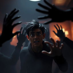 A dark, atmospheric 3D scene featuring Aryan as the focal character