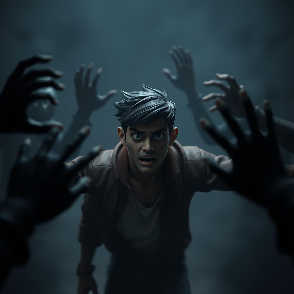 A dark, atmospheric 3D scene featuring Aryan as the focal character