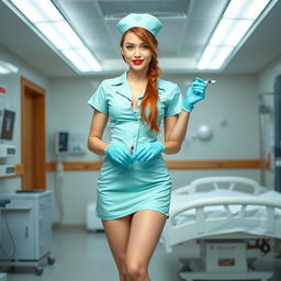 A sexy nurse girl in a short aqua green nurse dress featuring a big neckline and a mini skirt
