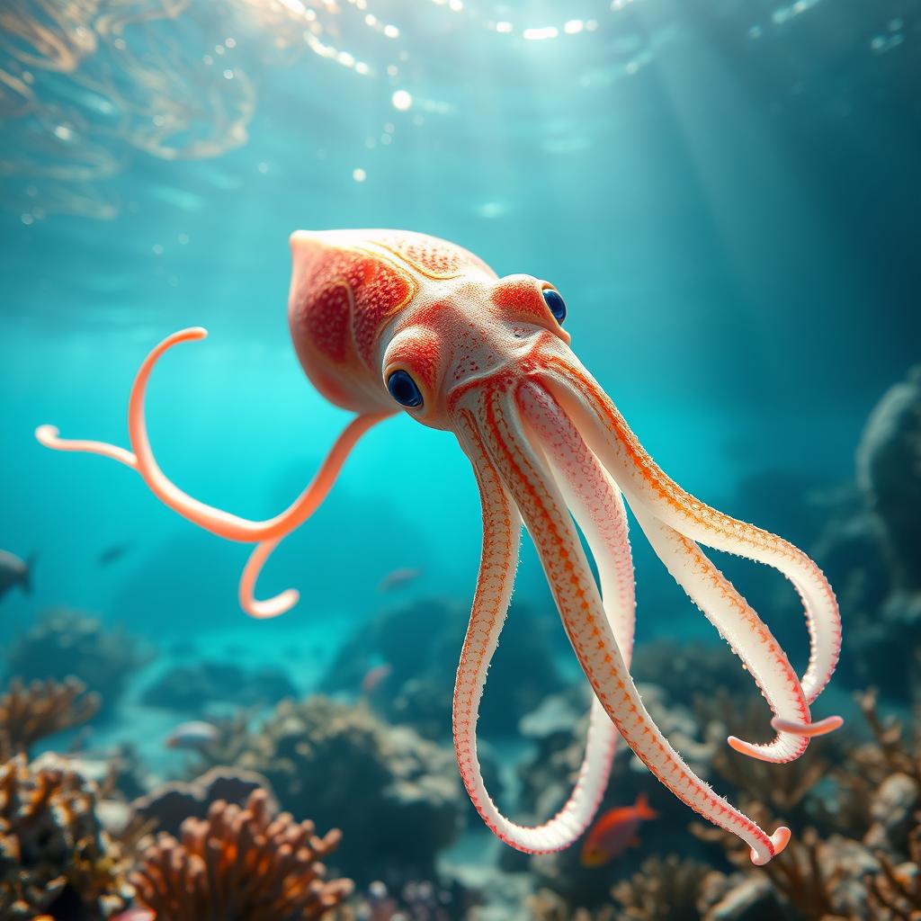 A highly detailed and realistic depiction of a squid in its natural ocean environment