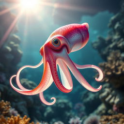 A highly detailed and realistic depiction of a squid in its natural ocean environment