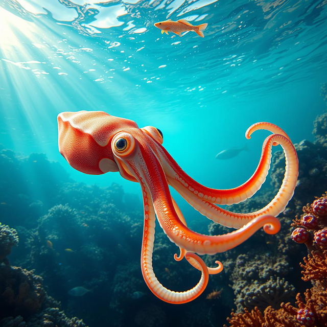 A highly detailed and realistic depiction of a squid in its natural ocean environment