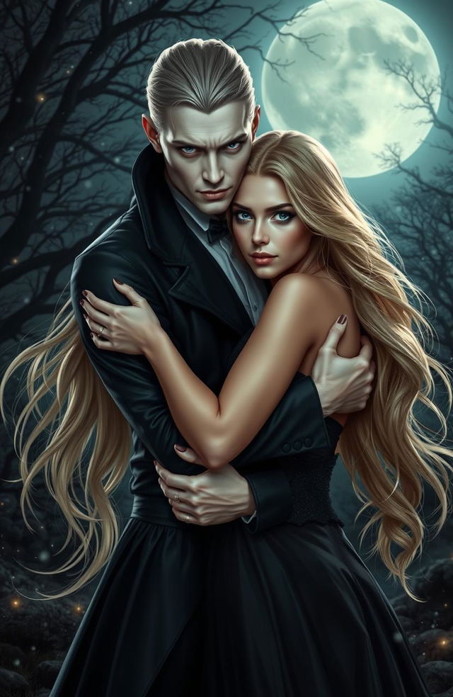 A stunning fantasy scene featuring a handsome vampire in elegant, dark attire, passionately holding his beautiful girlfriend close