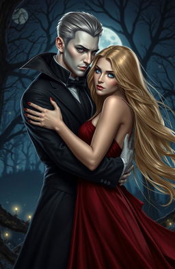 A stunning fantasy scene featuring a handsome vampire in elegant, dark attire, passionately holding his beautiful girlfriend close