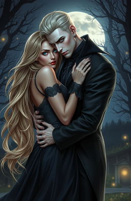 A stunning fantasy scene featuring a handsome vampire in elegant, dark attire, passionately holding his beautiful girlfriend close