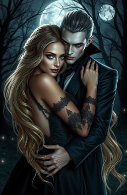 A stunning fantasy scene featuring a handsome vampire in elegant, dark attire, passionately holding his beautiful girlfriend close