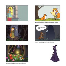 Create an 8-panel storyboard illustrating a fairy tale about a brave princess who embarks on a quest to find a magical flower that can heal her ailing kingdom