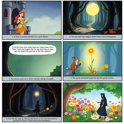 Create an 8-panel storyboard illustrating a fairy tale about a brave princess who embarks on a quest to find a magical flower that can heal her ailing kingdom