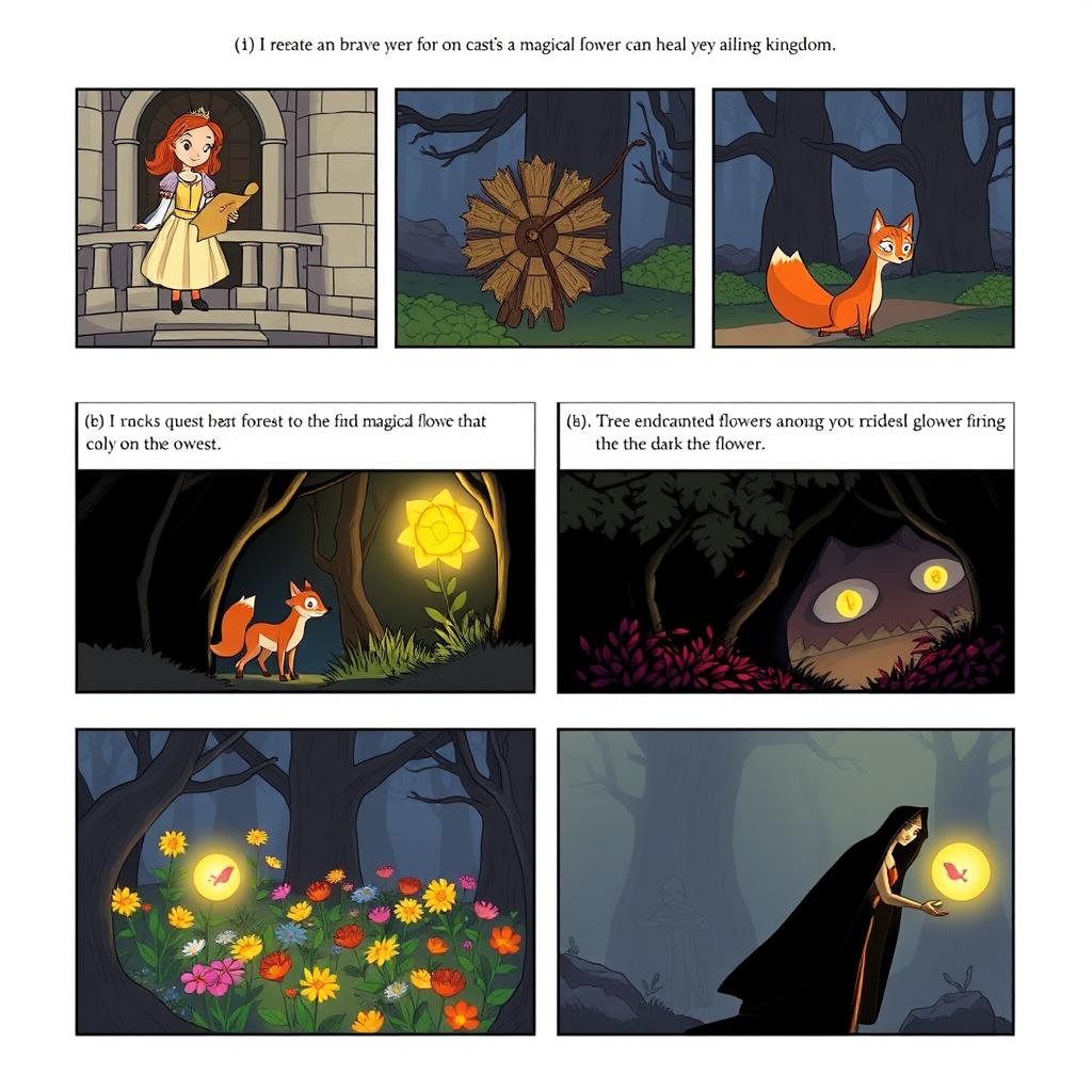 Create an 8-panel storyboard illustrating a fairy tale about a brave princess who embarks on a quest to find a magical flower that can heal her ailing kingdom