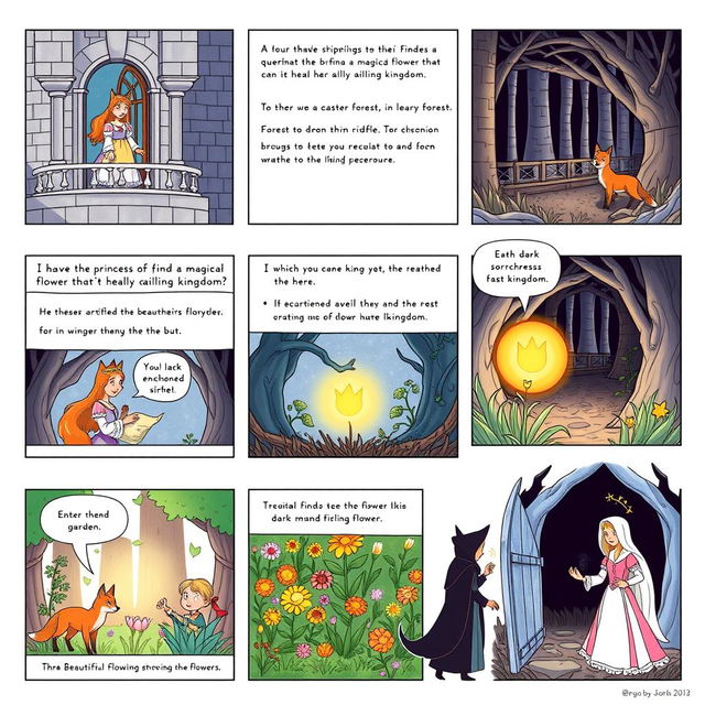 Create an 8-panel storyboard illustrating a fairy tale about a brave princess who embarks on a quest to find a magical flower that can heal her ailing kingdom