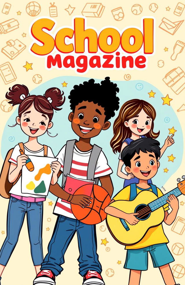 A vibrant and engaging school magazine cover design, featuring a diverse group of enthusiastic students actively participating in various school activities