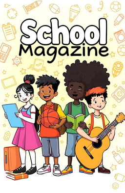 A vibrant and engaging school magazine cover design, featuring a diverse group of enthusiastic students actively participating in various school activities
