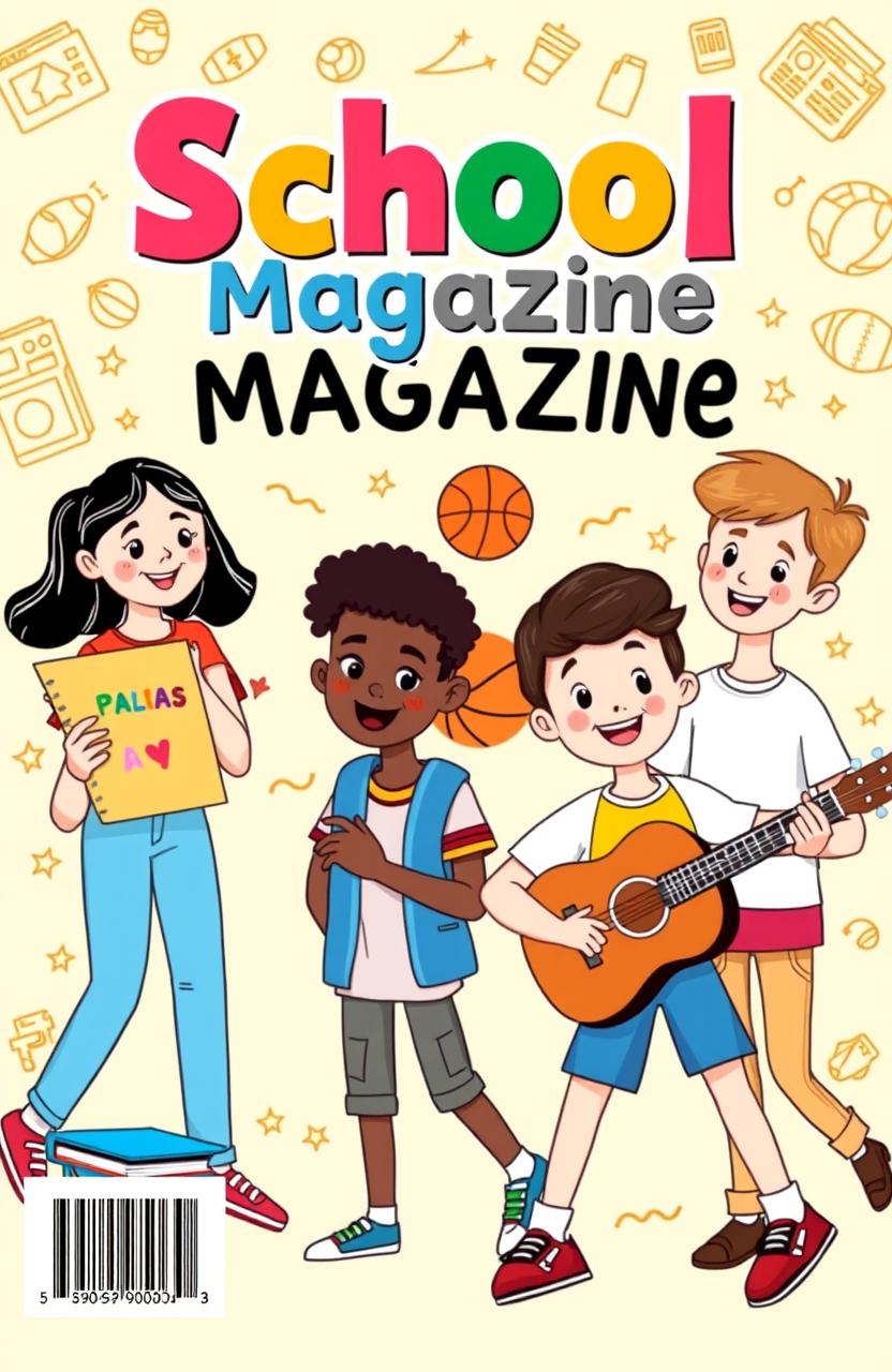 A vibrant and engaging school magazine cover design, featuring a diverse group of enthusiastic students actively participating in various school activities