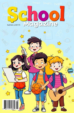 A vibrant and engaging school magazine cover design, featuring a diverse group of enthusiastic students actively participating in various school activities