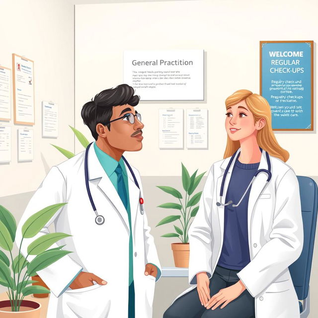 An illustration representing a general practitioner in a modern, well-equipped clinic