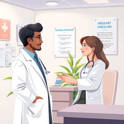 An illustration representing a general practitioner in a modern, well-equipped clinic