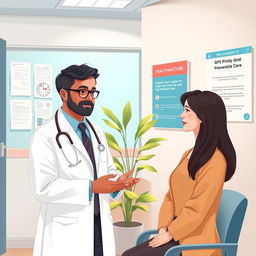 An illustration representing a general practitioner in a modern, well-equipped clinic