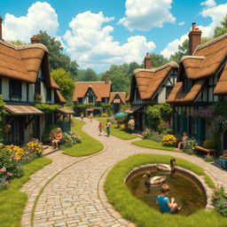 A picturesque AI-generated village, featuring charming cottages with thatched roofs, blooming gardens in front, lush greenery surrounding the village, and a blue sky with fluffy white clouds