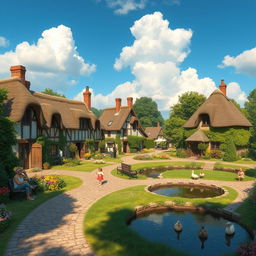 A picturesque AI-generated village, featuring charming cottages with thatched roofs, blooming gardens in front, lush greenery surrounding the village, and a blue sky with fluffy white clouds