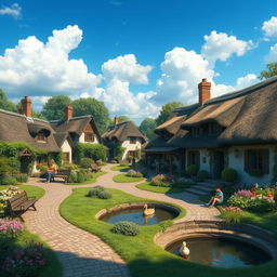 A picturesque AI-generated village, featuring charming cottages with thatched roofs, blooming gardens in front, lush greenery surrounding the village, and a blue sky with fluffy white clouds