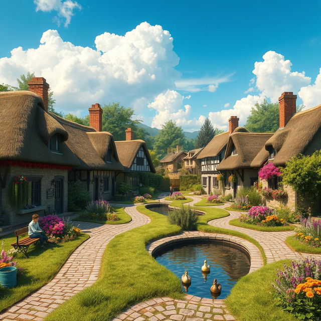 A picturesque AI-generated village, featuring charming cottages with thatched roofs, blooming gardens in front, lush greenery surrounding the village, and a blue sky with fluffy white clouds