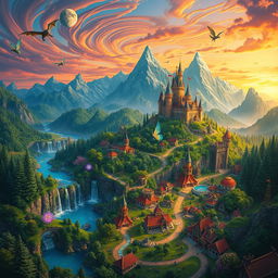 A vibrant and expansive fantasy world filled with lush green forests, towering mountains, and shimmering lakes