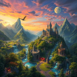 A vibrant and expansive fantasy world filled with lush green forests, towering mountains, and shimmering lakes