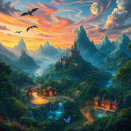 A vibrant and expansive fantasy world filled with lush green forests, towering mountains, and shimmering lakes