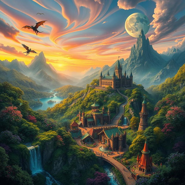 A vibrant and expansive fantasy world filled with lush green forests, towering mountains, and shimmering lakes