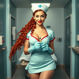 A sexy nurse girl with white skin in a short aqua green nurse dress adorned with a big neckline and a mini skirt