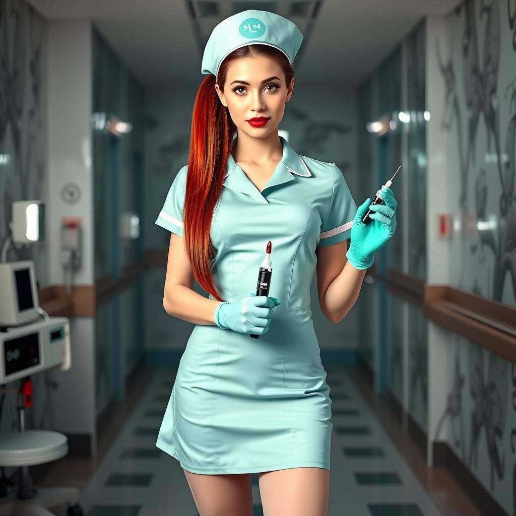 A sexy nurse girl with white skin wearing a short aqua green nurse dress that features a big neckline and a mini skirt