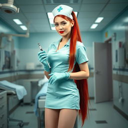 A sexy nurse girl with white skin wearing a short aqua green nurse dress that features a big neckline and a mini skirt
